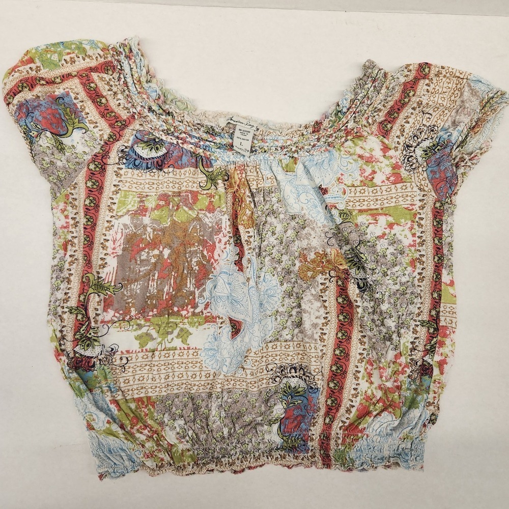 Y2k American Rag L Floral Print Off Shoulder Smocked Waist Boho Blouse Top - Picture 4 of 9